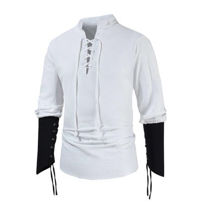 Men's Long-Sleeve V-Neck Lace-Up Cotton Shirt, Retro Viking Pirate Costume Top