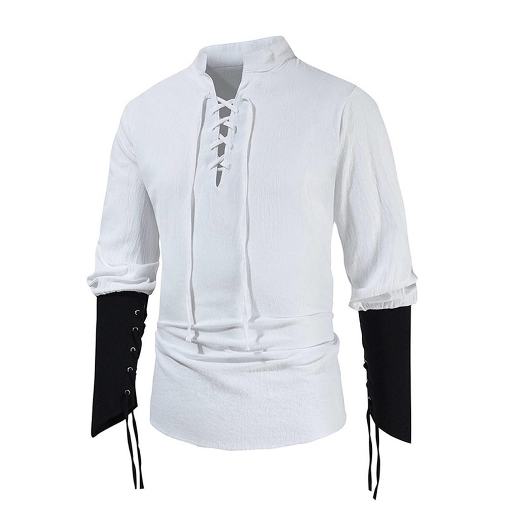 Men's Long-Sleeve V-Neck Lace-Up Cotton Shirt, Retro Viking Pirate Costume Top