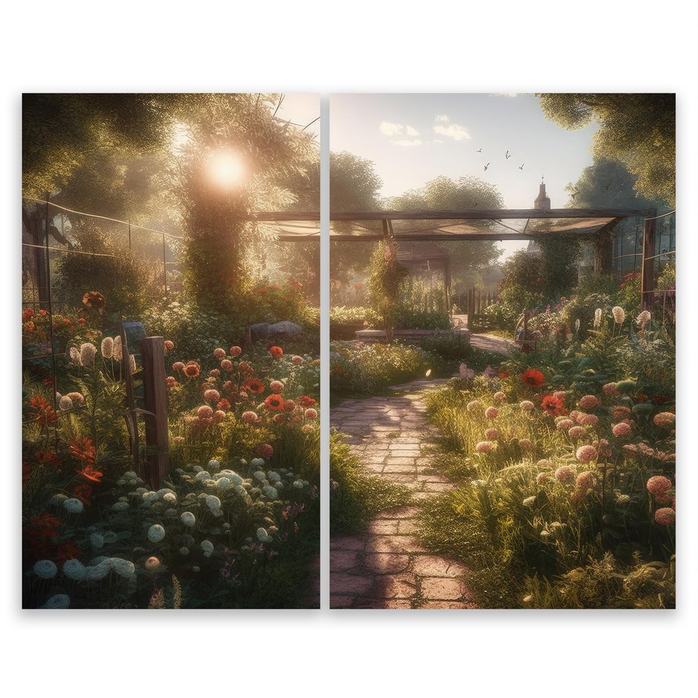 SMTDeco Tempered Glass Stove Cover 30x52 + 35x52 cm, 2-Piece, Flowers Garden Green