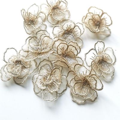dvnFWKc Sew-On Lace Flower Appliqués, 10 Pieces, White and Gold Organza, for Bridal Dresses and DIY Decoration