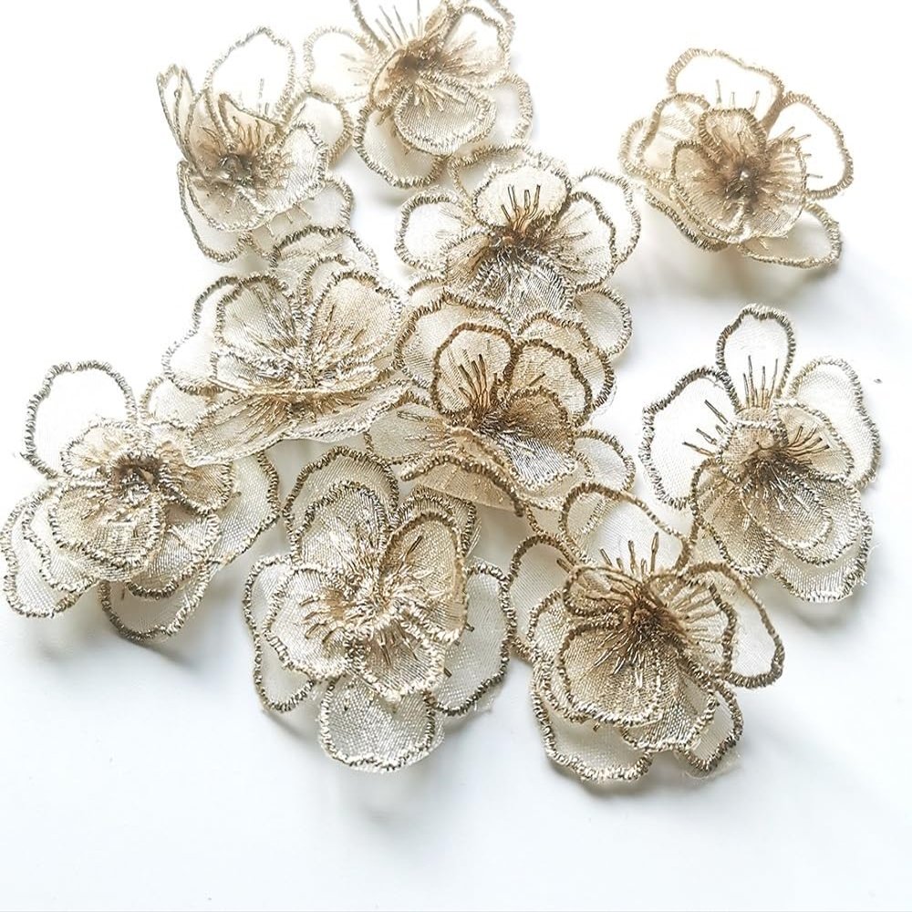 dvnFWKc Sew-On Lace Flower Appliqués, 10 Pieces, White and Gold Organza, for Bridal Dresses and DIY Decoration