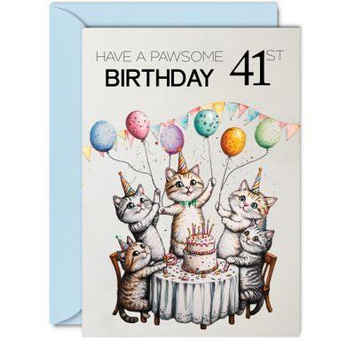 Giftzie 41st Birthday Card for Women and Men, Pawsome Party Cats and Balloons, A5