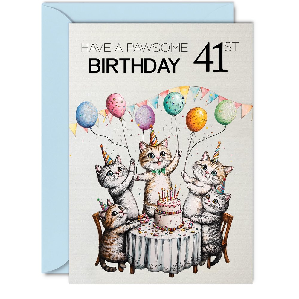 Giftzie 41st Birthday Card for Women and Men, Pawsome Party Cats and Balloons, A5