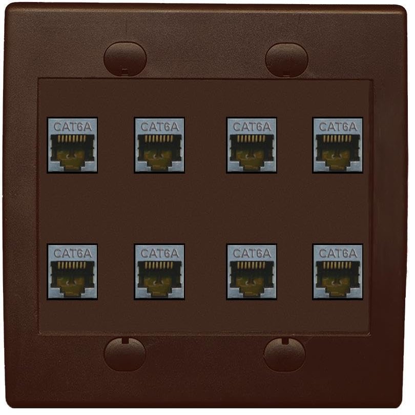 RiteAV Cat6A Wall Plate, 8 Ports, Flat, 2-Gang, Brown/Brown