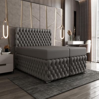 Verona Idee KONG Glamour Box Spring Bed, Bonell Mattress, 4 cm Topper, XXL Storage, 140 x 200 cm, Gray Eco-Leather