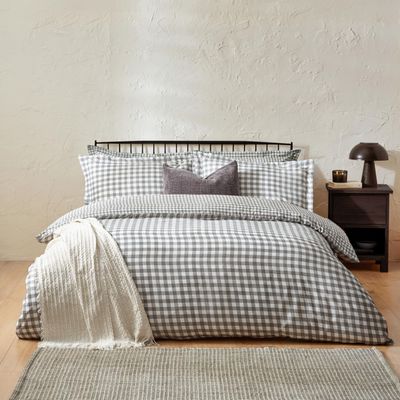 Yard Barton Vichy Check Reversible Duvet Cover Set, 100% Cotton, Gray, Single, 137 x 200 cm