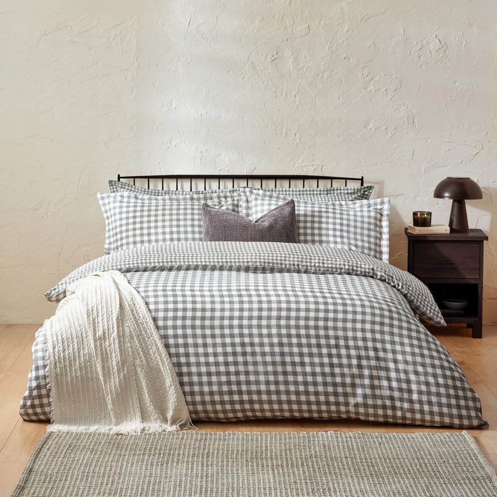 Yard Barton Vichy Check Reversible Duvet Cover Set, 100% Cotton, Gray, Single, 137 x 200 cm