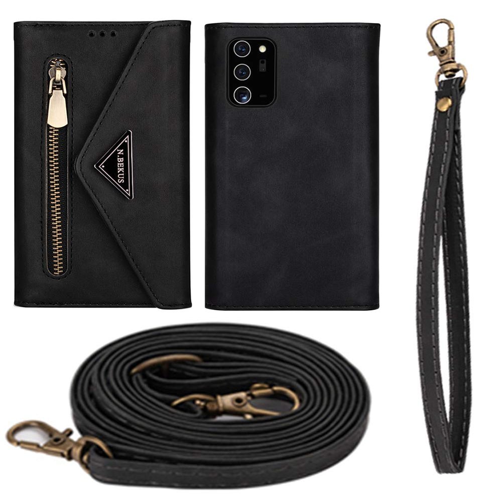 Wallet Case for Samsung Galaxy S20 Ultra, Matte Leather Phone Case with Zipper, Detachable Wrist Strap and Shoulder Strap