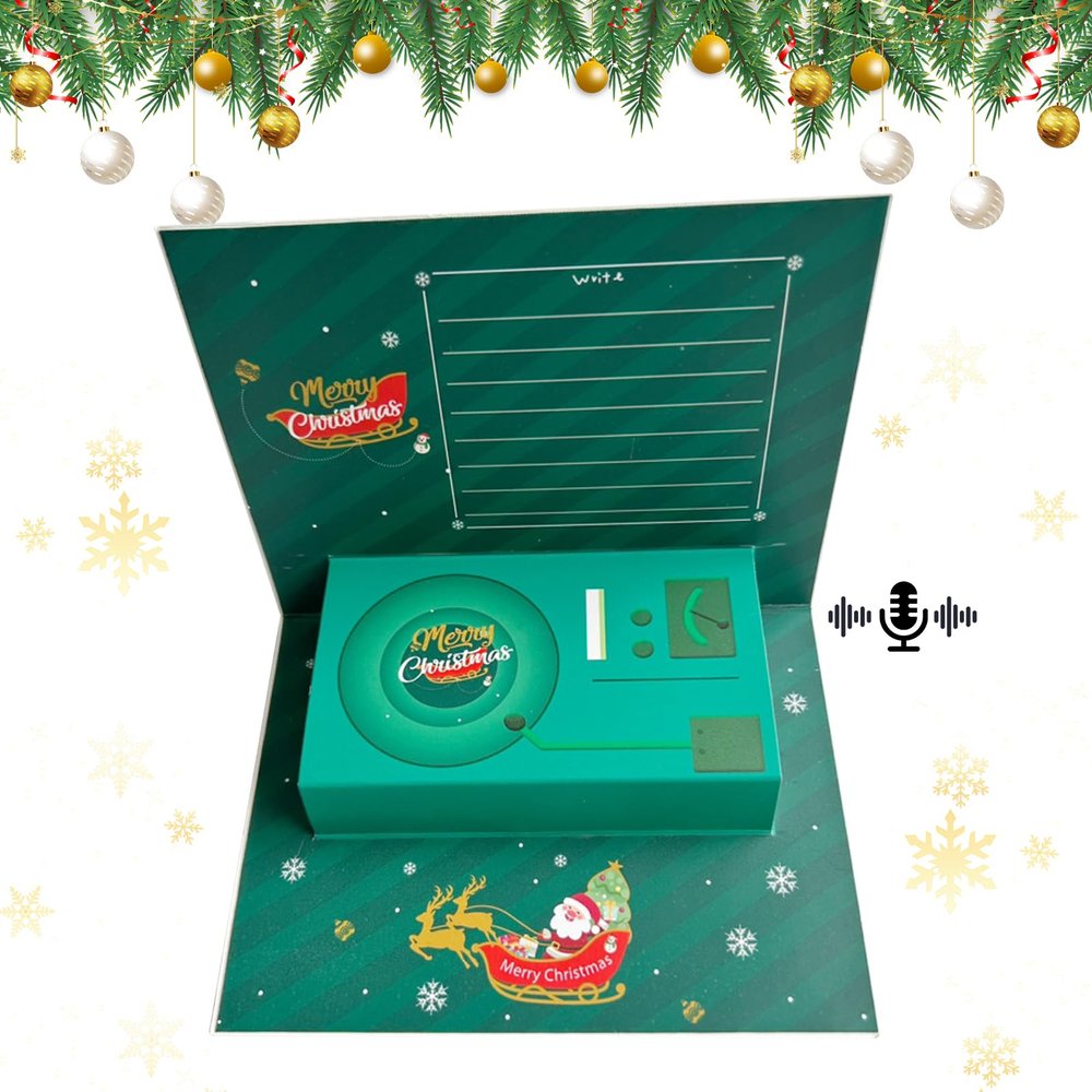 Christmas Pop-Up Card with 40-Second Recording and Playback, 3D Greeting Card, Green