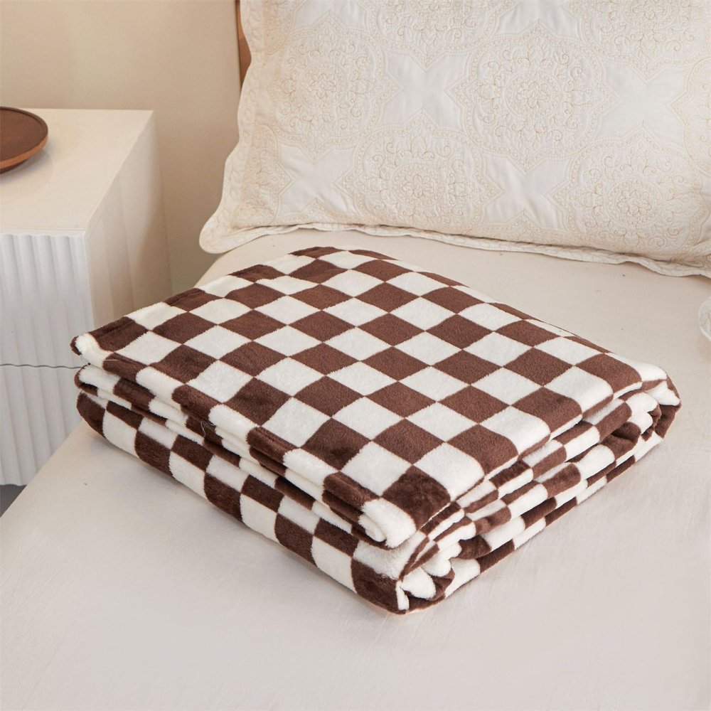 DOTBUY-SHOP Brown Flannel Coral Fleece Checkered Blanket, 150 x 200 cm