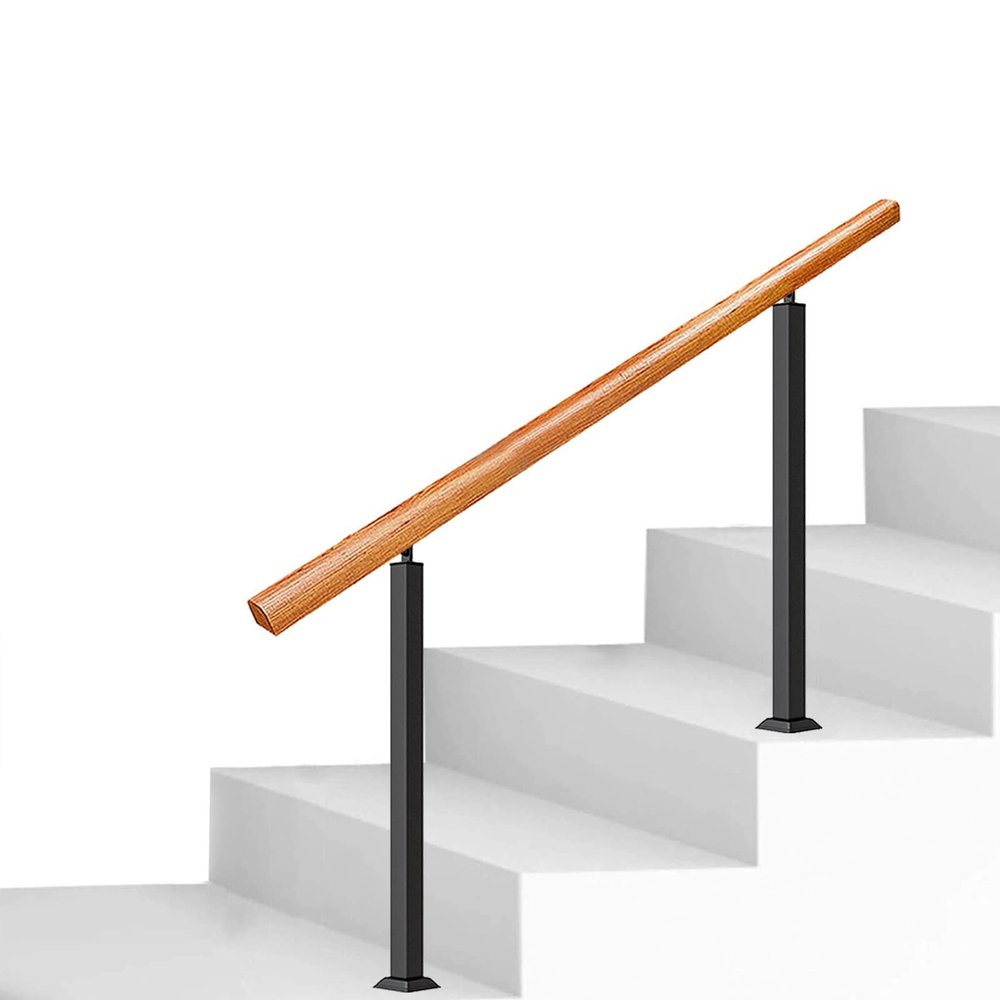 Handrail Railing for Outdoor Steps with 1–2 Steps, Wooden Handrail with 2 Wrought-Iron Posts, Freestanding Non-Slip Safety Handrail, 80 cm/90 cm/10