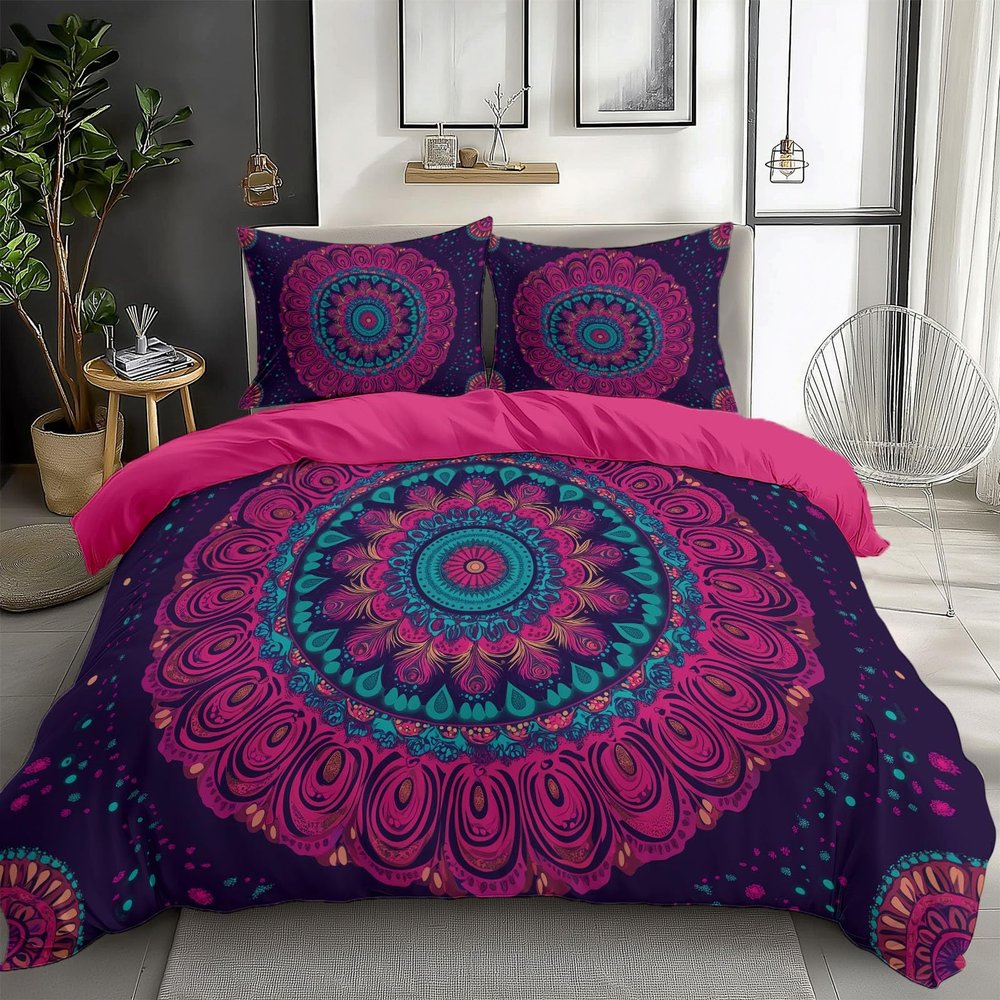 Quixora Deep Rose Red Duvet Cover Set, Floral Ethnic Print, 155 x 220 cm