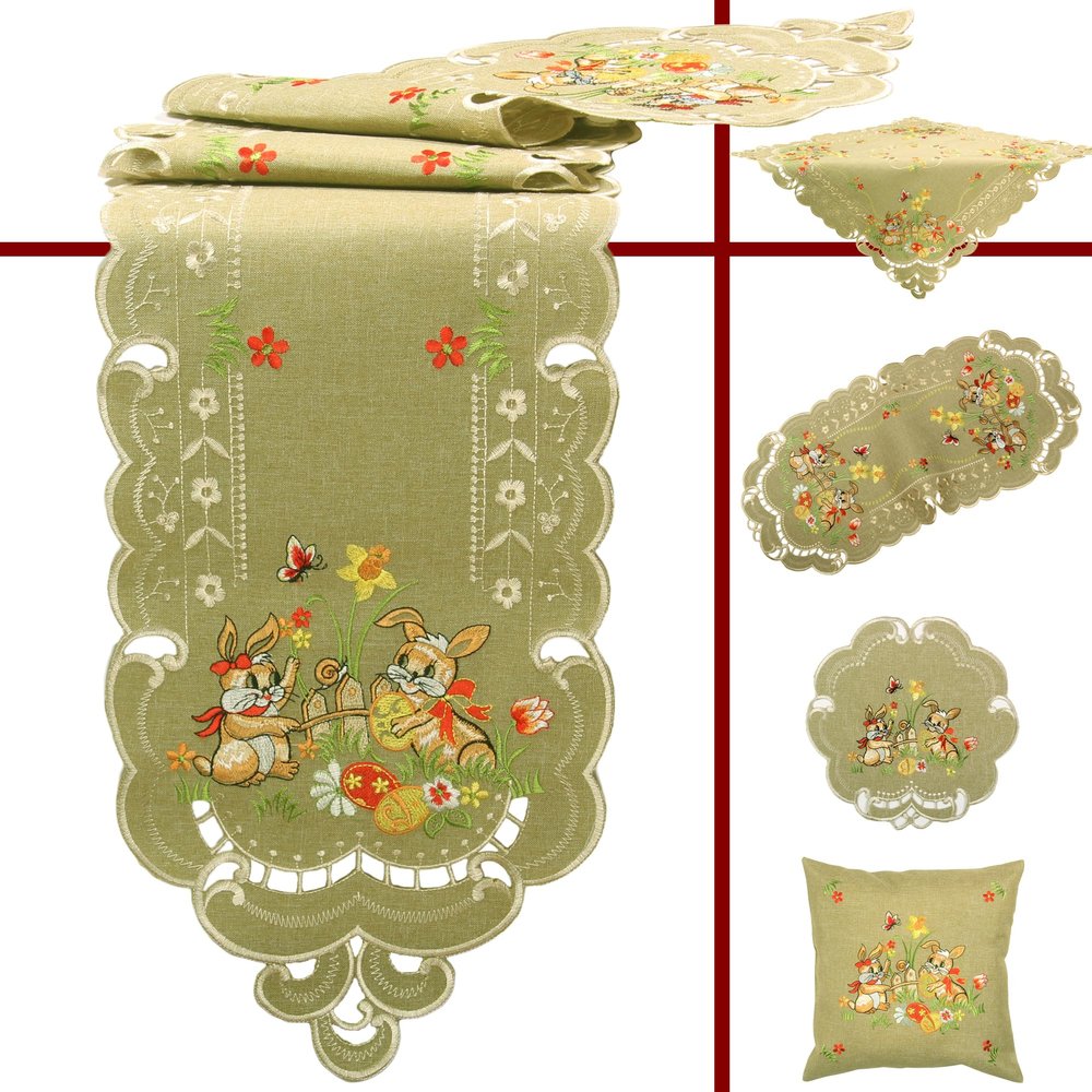 Quinnyshop Easter Bunny, Easter Egg and Daffodil Embroidered Table Runner, 40 x 90 cm, Oval, Polyester, Green