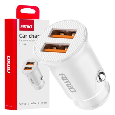 AMiO Car Charger, 2x USB-A, 2.1A, 12/24V, White