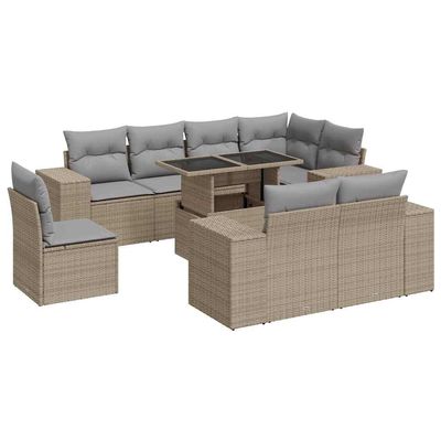 vidaXL 9-Piece Garden Sofa Set with Cushions, Beige PE Rattan