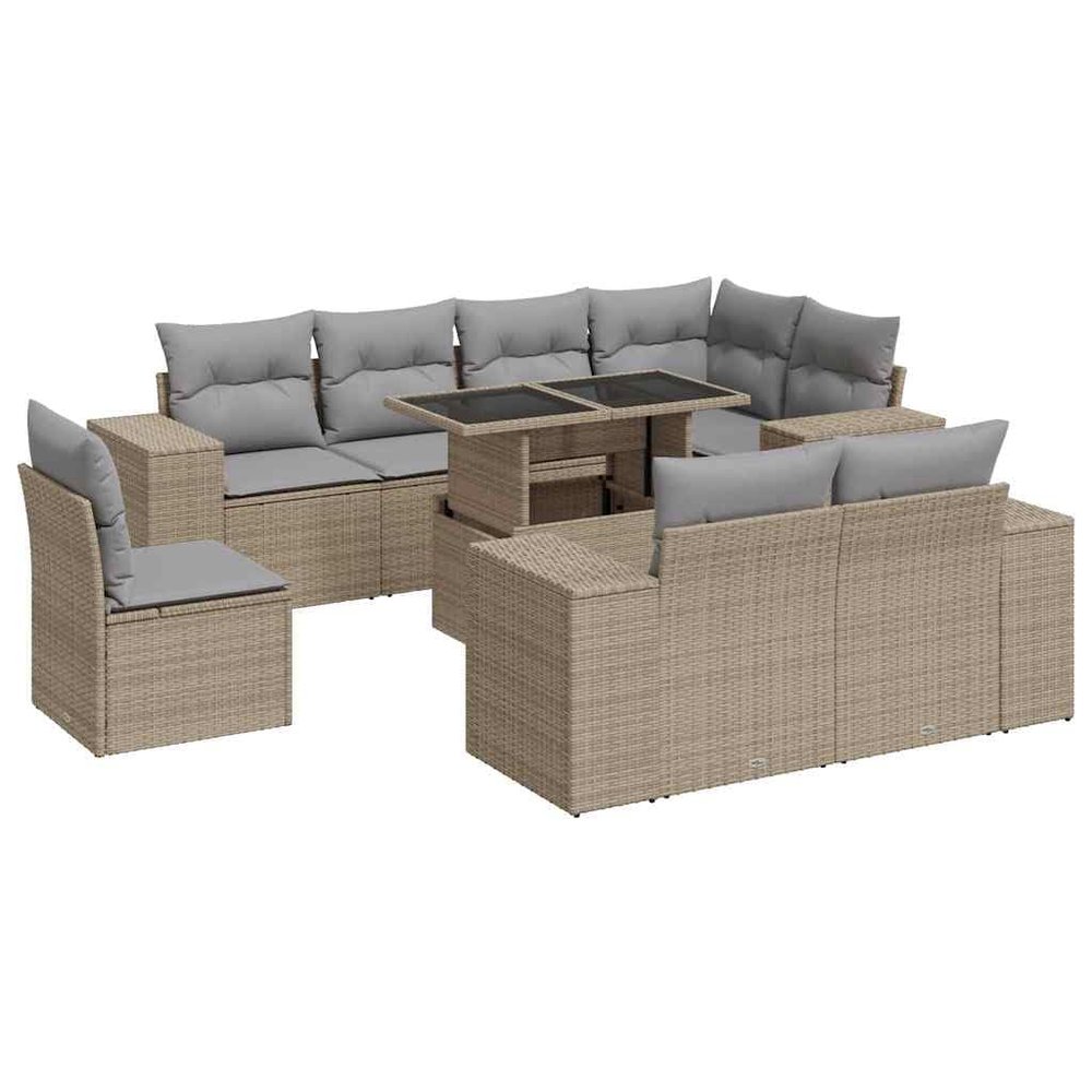 vidaXL 9-Piece Garden Sofa Set with Cushions, Beige PE Rattan