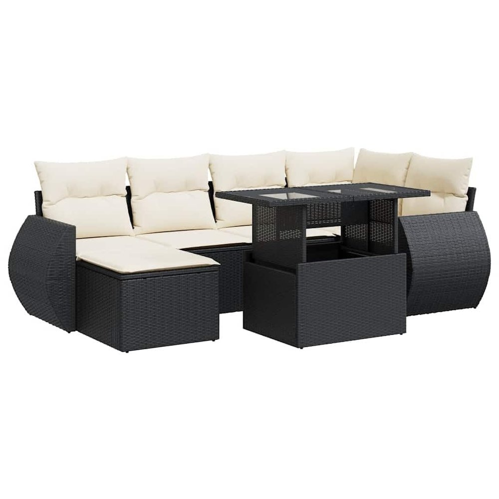 vidaXL 7-Piece Garden Sofa Set with Cushions, Black Poly Rattan