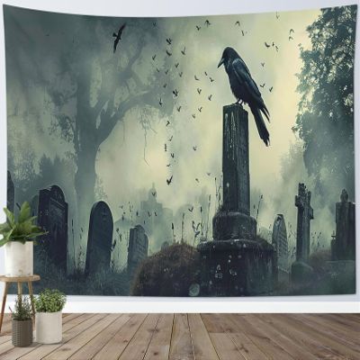 LB Halloween Wall Tapestry, Black Crow Bat on a Grave in a Cemetery, Gray Moonlit Night, 235 x 180 cm