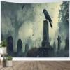 LB Halloween Wall Tapestry, Black Crow Bat on a Grave in a Cemetery, Gray Moonlit Night, 235 x 180 cm view 1
