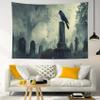 LB Halloween Wall Tapestry, Black Crow Bat on a Grave in a Cemetery, Gray Moonlit Night, 235 x 180 cm view 3