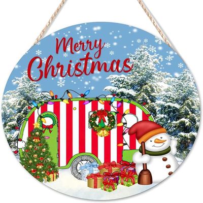 Merry Christmas Happy Camper Wooden Welcome Sign, Round, 12 x 12 in