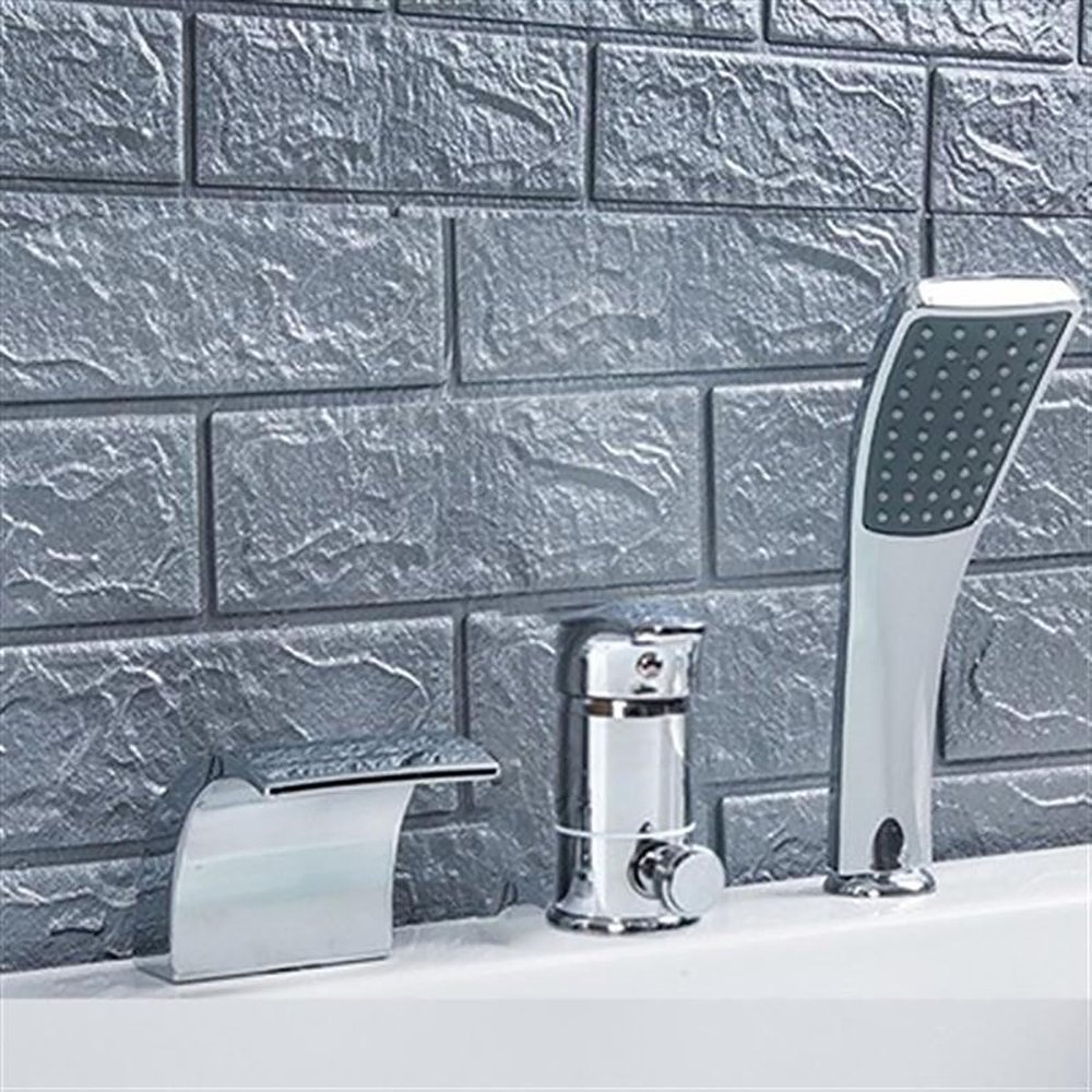 Waterfall Roman Tub Faucet Set, Solid Brass, 3-Hole Deck-Mount with Hand Shower