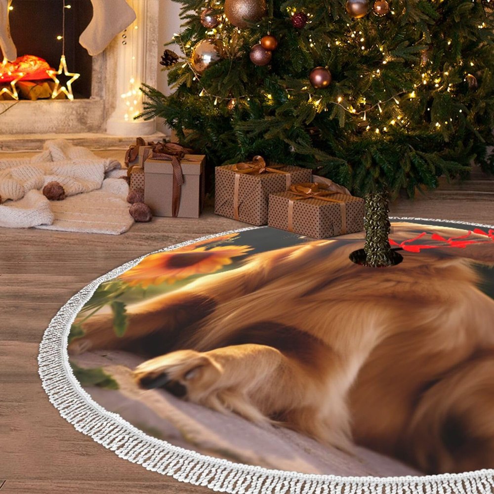 47.9-Inch Rustic Farmhouse Dog with Flower Christmas Tree Skirt