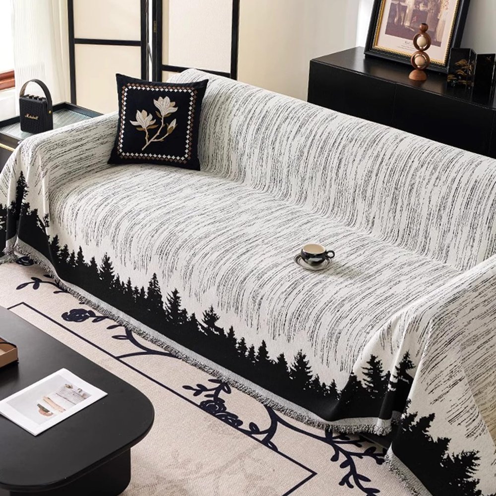 Chenille Sofa Throw with Tassels, Black, 180 x 130 cm
