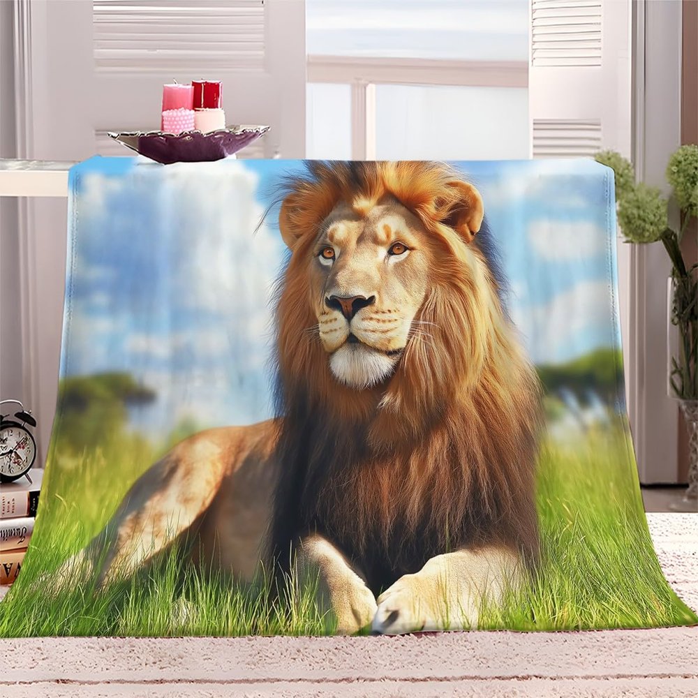 Cozy Plush Blanket 150 x 200 cm, Grass Animal Lion Sofa Throw, 3D-Printed Fleece Blanket