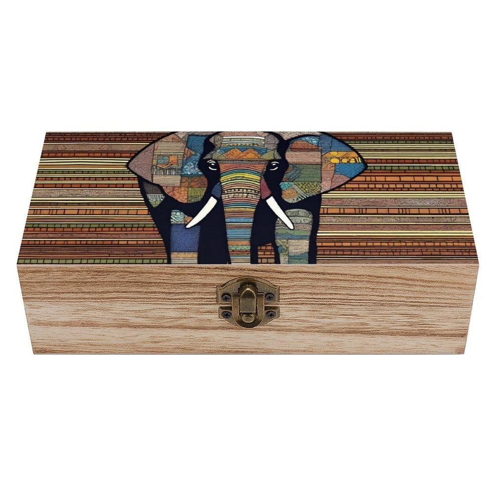 NWTRJ Wooden Storage Box with Hinged Lid and Front Clasp, African Elephant