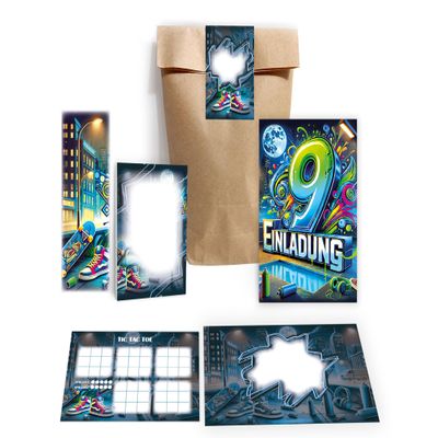 Limonia 10 Graffiti Invitations for a 9th Birthday, with Envelopes, Favor Bags, Stickers, Bookmarks, Notepads & Tic-Tac-Toe