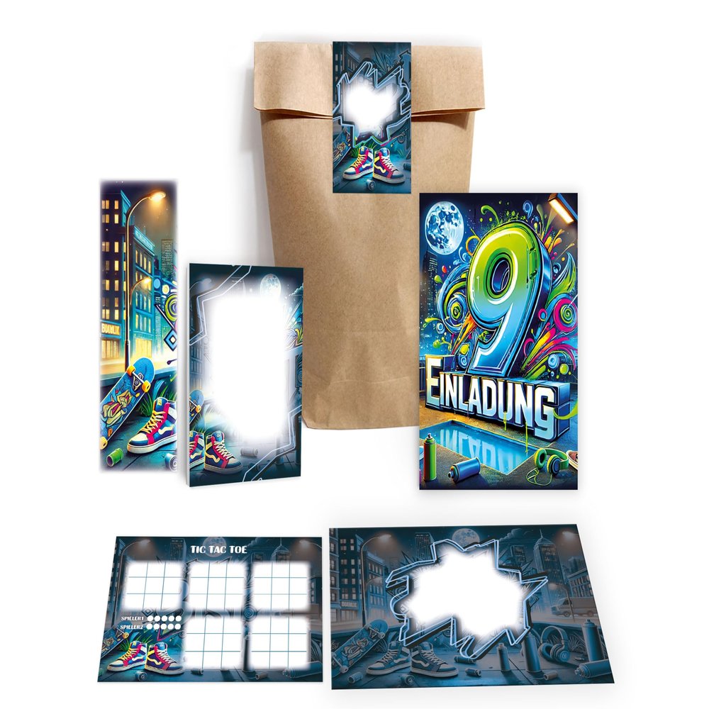 Limonia 10 Graffiti Invitations for a 9th Birthday, with Envelopes, Favor Bags, Stickers, Bookmarks, Notepads & Tic-Tac-Toe