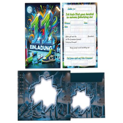 Limonia 10 Invitation Cards with 10 Envelopes for an 11th Birthday, Graffiti Street Art Theme Party