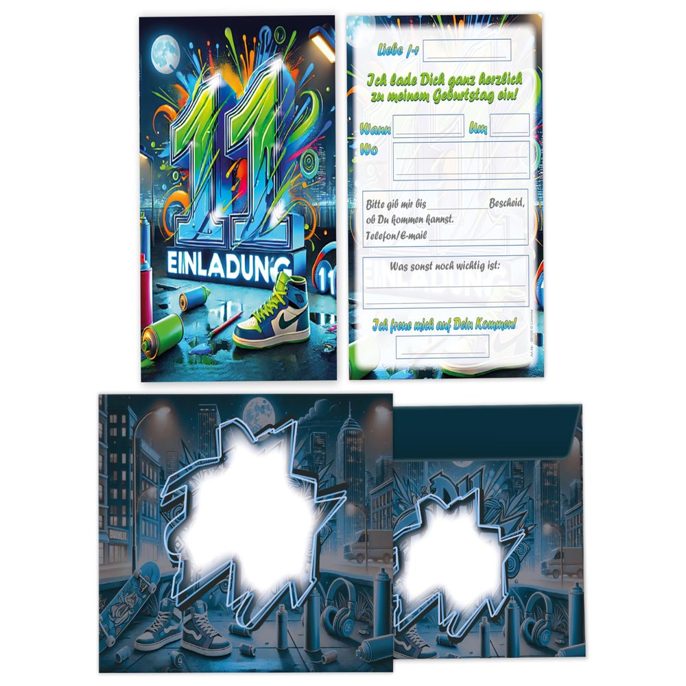 Limonia 10 Invitation Cards with 10 Envelopes for an 11th Birthday, Graffiti Street Art Theme Party