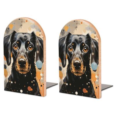 Beech Wood and Iron Bookends with Colorful Dots and Dog Design