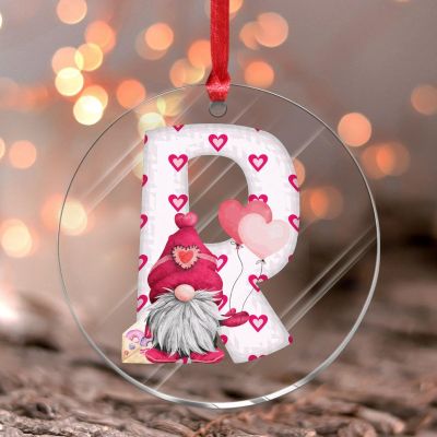 2024 Christmas Ornament, White Initial Letter R, Gnome Acrylic Hanging Ornament with Red-Pink Love Hearts