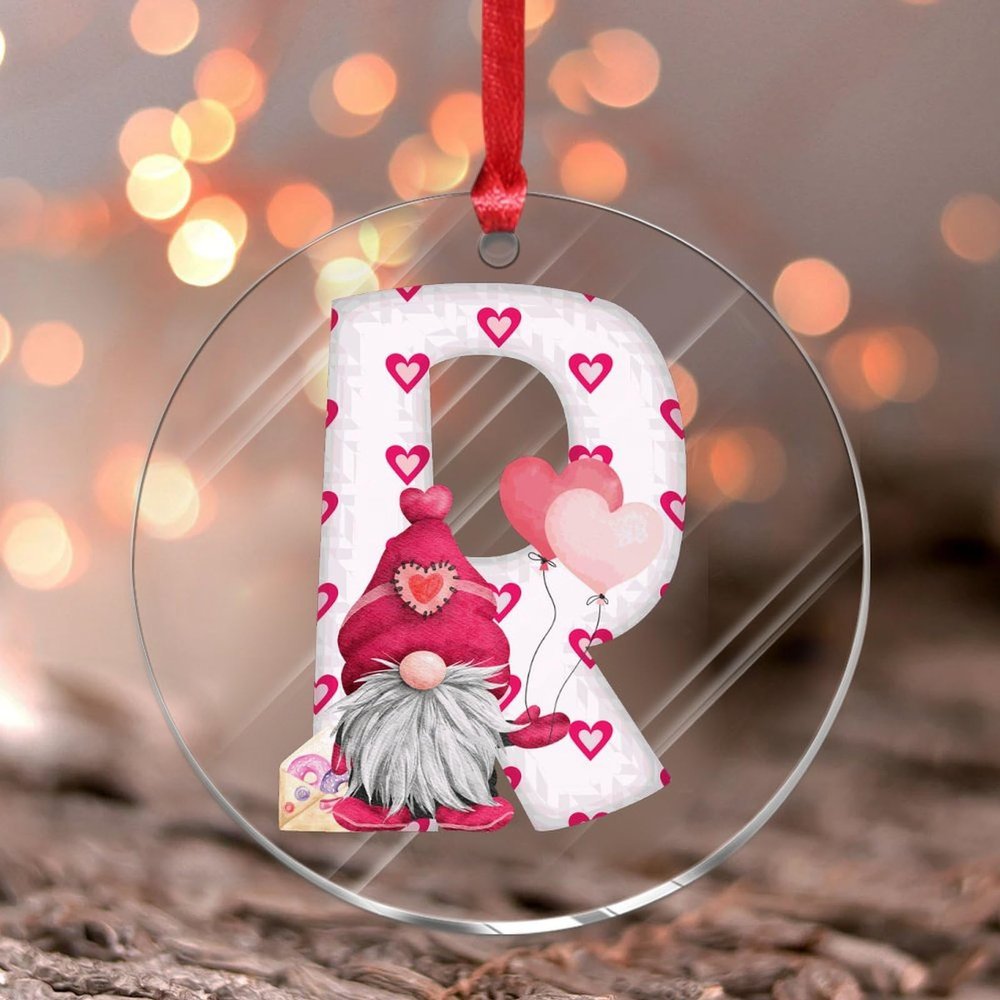 2024 Christmas Ornament, White Initial Letter R, Gnome Acrylic Hanging Ornament with Red-Pink Love Hearts