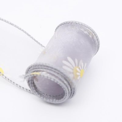 NHJSDLLMNZ Daisy-Printed Chiffon Silk Ribbon, 10/20 Yards, for Gift Wrapping, Bouquets and Crafts (Gray, 4 cm × 10)