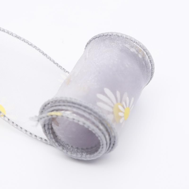 NHJSDLLMNZ Daisy-Printed Chiffon Silk Ribbon, 10/20 Yards, for Gift Wrapping, Bouquets and Crafts (Gray, 4 cm × 10)