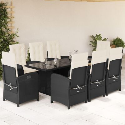 qohoio 9-Piece Garden Dining Set with Cushions, Table and Chairs, Black PE Rattan