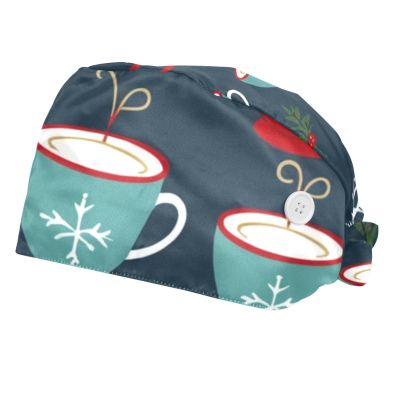 2 Women's Surgical Caps, Cute Ponytail Caps, Coffee Cup Christmas Design