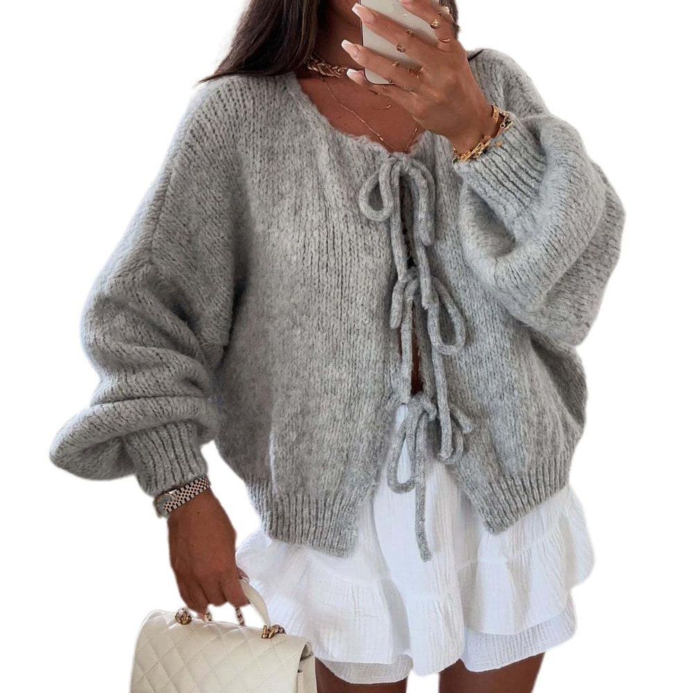 BFDSGWQ Women's Front-Tie Chunky Knit Cardigan with Long Puff Sleeves, Gray, M