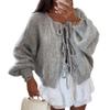BFDSGWQ Women's Front-Tie Chunky Knit Cardigan with Long Puff Sleeves, Gray, M view 1