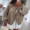 BFDSGWQ Women's Front-Tie Chunky Knit Cardigan with Long Puff Sleeves, Gray, M view 2
