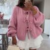BFDSGWQ Women's Front-Tie Chunky Knit Cardigan with Long Puff Sleeves, Gray, M view 3
