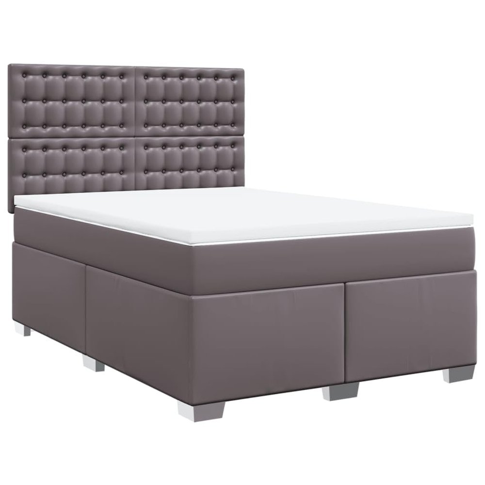 vidaXL Box Spring Bed with Mattress, Gray, 55.1 x 74.8 in, Faux Leather