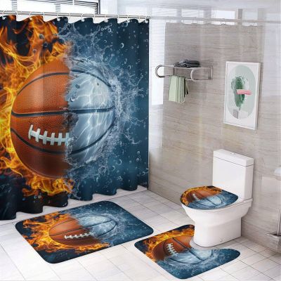 4-Piece Basketball Shower Curtain Set with Water and Fire Design, Toilet Lid Cover, U-Shaped Mat and Non-Slip Rugs, 183 x