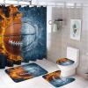 4-Piece Basketball Shower Curtain Set with Water and Fire Design, Toilet Lid Cover, U-Shaped Mat and Non-Slip Rugs, 183 x view 1