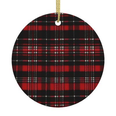 Round Red and Black Plaid Ceramic Christmas Ornament with Gold-Colored Ribbon