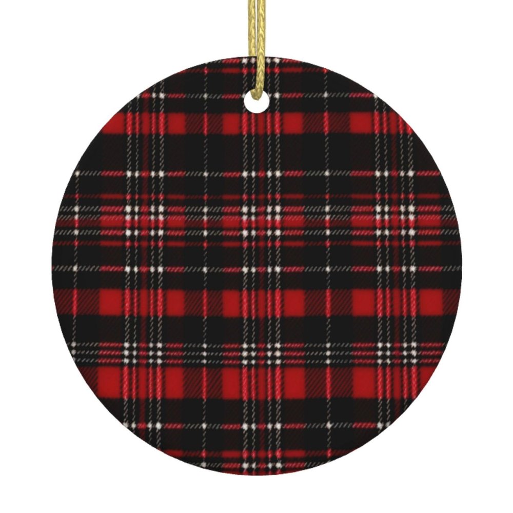 Round Red and Black Plaid Ceramic Christmas Ornament with Gold-Colored Ribbon